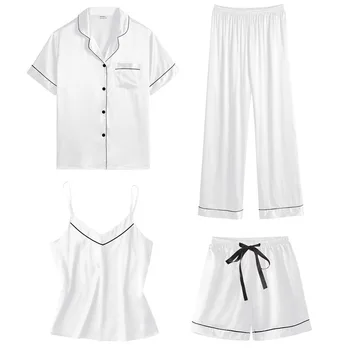 Пижамный комплект из 4 предметов, женская пижама из искусственного шелка, атласная пижама, модные удобные сексуальные шорты-слинг, домашняя одежда с принтом
