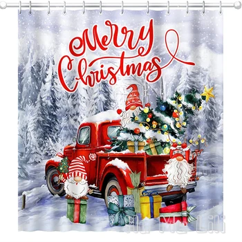 Рождественская занавеска для душа Pinata от Ho Me Lili Для ванной комнаты, ткань Gnome С крючками, красный грузовик, Веселый Рождество с крючками