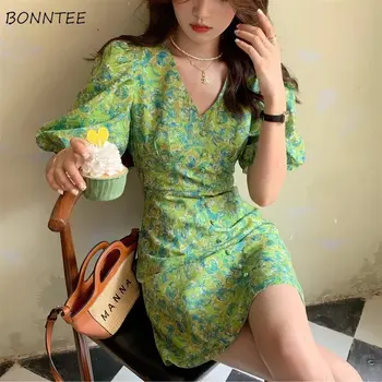 Зеленое платье с цветочным рисунком, женское винтажное платье с пышными рукавами во французском стиле, эстетичный дизайн, Элегантная леди, Летняя мода трапециевидной формы, шикарный V-образный вырез