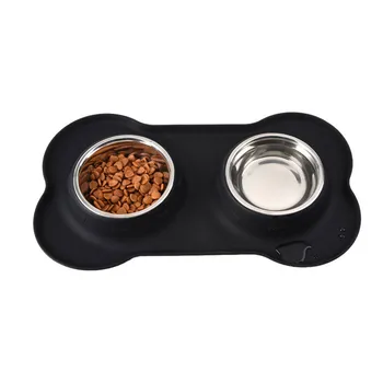 Best Indoor Anti-knock Pet Accessories Cat Dogs Double Black Double Bowl Stainless Steel поилка для собак с собой Mascotas Chien
