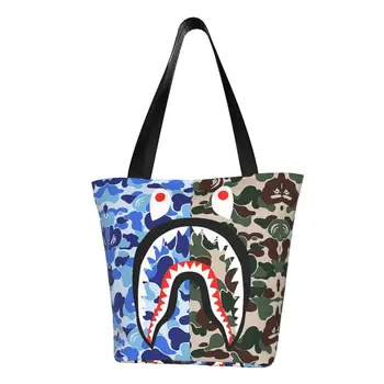 Камуфляжная сумка-тоут с зубами акулы, женская забавная камуфляжная холщовая сумка для покупок на плечо, сумки большой емкости