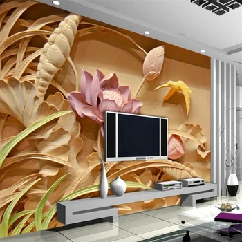wellyu Пользовательские обои 3d стерео фотообои резьба по дереву фреска в виде лотоса ТВ фон настенная живопись papel de parede обои