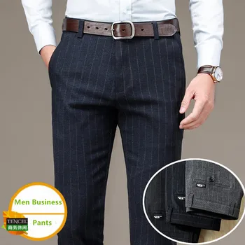 Новые классические мужские деловые брюки Модные Брюки в полоску Мужские Облегающие брюки Офисные Повседневные Черные Официальные брюки Мужские костюмные брюки