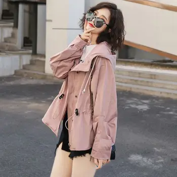 Женская Весна-осень 2023, Новая Корейская Винтажная Свободная куртка с капюшоном, Модная Женская Повседневная Однотонная куртка с длинным рукавом, одежда X29