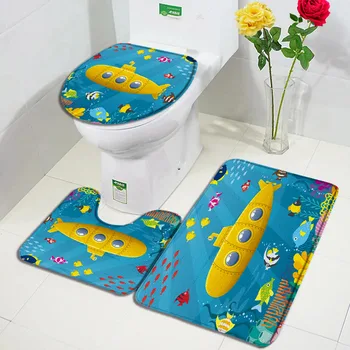 Мультяшный набор ковриков для ванной с желтой подводной рыбой, Подводные пейзажи, Декор детской ванной Комнаты, Детский ковер, нескользящие коврики, крышка унитаза