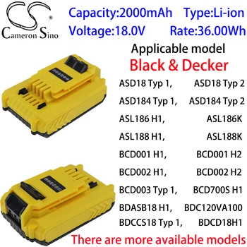 Аккумулятор Cameron Sino Ithium 2000 мАч 18,0 В для Black & Decker BDH2000SL, BDHD18H1, BDK188Typ1, BL186H1, BL188H1, CHH2220, EGBHP188H1
