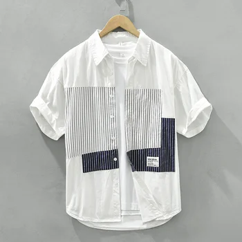 Летняя мужская рубашка в свежую полоску из 100% хлопка, японская мода, свободная Повседневная Универсальная комфортная рубашка с коротким рукавом для мужчин