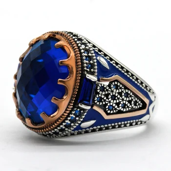 Новое Турецкое ювелирное мужское кольцо из розового золота с синим стеклянным камнем, серебро 925 пробы, Винтажная Королевская корона, кольцо с эмалью CZ, Женский подарок
