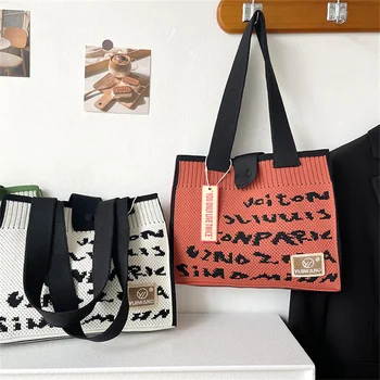 Женская сумка на запястье с узлом, сумка с верхней ручкой, вязаная сумка с буквами, кошельки для покупок, шикарный клатч большой емкости, вязаные крючком сумки