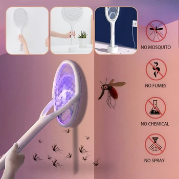 Противомоскитная ракетка 2 В 1, Usb-аккумуляторная мухобойка с фиолетовой лампой, ловушка для соблазнения, 90-дюймовая вращающаяся мухобойка от комаров