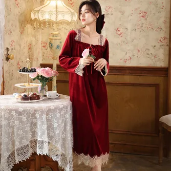 Осенне-зимний велюровый халат, винтажная ночная рубашка, женское бархатное домашнее ночное платье Pleuche с длинным рукавом, свободная одежда для сна, ночное белье принцессы