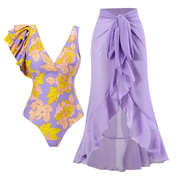 Модный цельный купальник с цветочным принтом и юбкой, Обтягивающая женская повязка, Зеленая летняя пляжная одежда 2023 года, роскошь