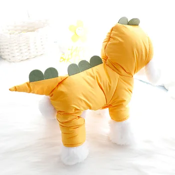 Зимний комбинезон для собак с динозавром, теплый желто-зеленый с хлопковой подкладкой, мультяшный дизайн, толстовка для домашних животных, куртка для щенков, пальто, одежда XS XL Ткань