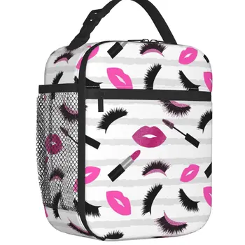 Термоизолированная сумка для ланча с ресницами, розовые блестящие губы, тушь для ресниц, губная помада, Портативный контейнер для ланча, Многофункциональная коробка для еды