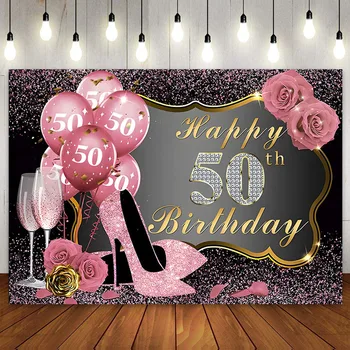 Фон для празднования 50-летия Баннер для стола для вечеринок Розовые цветы из розового золота для женщины 50 лет Фон для пятидесяти Дней рождения Высокие каблуки