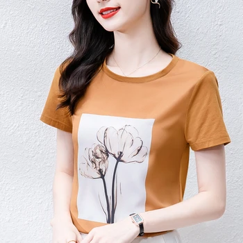Корейская модная футболка свободного кроя с круглым вырезом и принтом, топ, женская одежда, футболки для женщин
