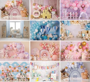 Фон для фотосъемки Mehofond в стиле Бохо, Розовый цветок, воздушный шар, Медвежонок, девочка, мальчик, торт ко дню рождения, портретный фон, фотостудия