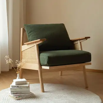 Скандинавский Японский диван-кресло из массива дерева Ретро Гостиная Односпальный диван из массива дерева Балкон Подлокотник для отдыха Мебель из ротанга