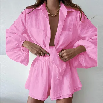 Весенне Летние богемные розовые комплекты с шортами, блузка с пышными рукавами, костюм из 2 предметов, комплект из двух предметов для женщин, женские однотонные наряды свободного кроя