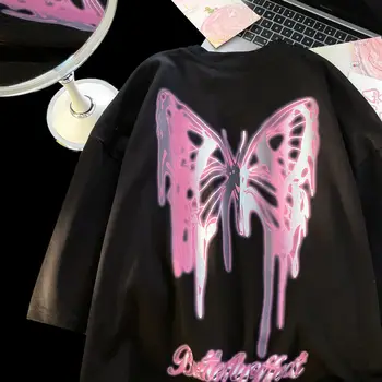 розовая футболка с бабочкой для мужчин и женщин 2021 Harajuku в стиле хип-хоп, футболка с короткими рукавами, повседневный топ, уличная одежда, футболка оверсайз, женская