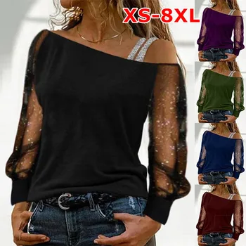XS-8XL Модные Женские Футболки С длинным рукавом, Однотонные Сексуальные Топы С открытыми плечами, Осенняя Повседневная Уличная футболка, Винтажная Одежда
