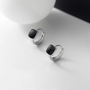 Простые Эмалевые Черные квадратные серьги-кольца Huggie Для женщин, Унисекс, Серебро 925 пробы, Минималистичные Маленькие украшения для ушей