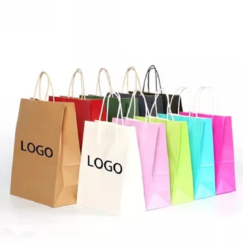 500 шт./лот Экологически чистая сумка для покупок из крафт-бумаги с логотипом на заказ, многоцветная, с поворотными ручками, для хранения подарочных конфет