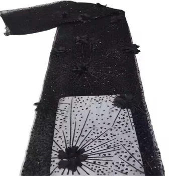 Африканская кружевная ткань 2022 Высококачественное кружево, черное 3D цветочное кружево, вышивка, Французские блестки, кружевная ткань для пошива Нигерийского платья