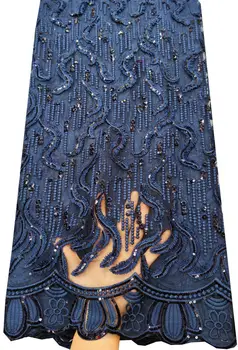 Африканская Французская кружевная ткань с блестками 2023, Высококачественная тюлевая сетка, кружевная новинка для Нигерийского свадебного платья, сшитая ATB232 Темно-синего цвета