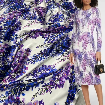 Европейская и американская мода, Шелковая атласная ткань с цветочным принтом Глицинии Для женщин, платье-блузка ручной работы, ткань для шитья своими руками
