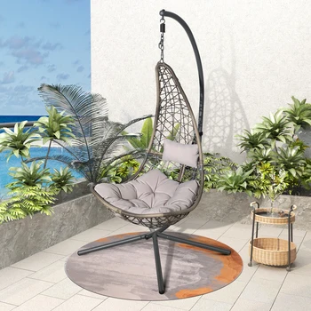 Кресло-качели из ротанга с подставкой, садовый стул для внутреннего дворика, гамак, стальной подвесной стул для наружного подвешивания (одноместный)