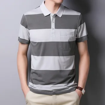Хлопковая летняя мужская рубашка поло в полоску с коротким рукавом, дышащие топы, футболки, повседневные мужские рубашки поло в корейском стиле, Бренд