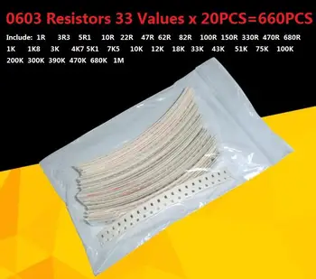 33valuesX 20шт = 660шт 0603 0805 1206 Комплект резисторов Ассорти от 1R до 1 М Ом 1% Набор образцов SMD DIY 3.3R 5.1R 10R 47R 62R 82R 1K 10K