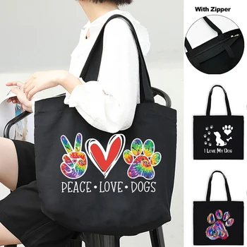 Женские холщовые сумки для покупок на плечо с принтом Peace Love Dog, сумка-тоут на молнии, многоразовая сумка с мультяшными Собачьими лапами большой емкости