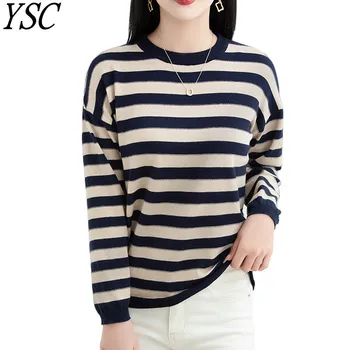 YSC 2023 Модные женские вязаные свитера из чистого хлопка С круглым воротником В полоску, высококачественный Мягкий и удобный пуловер