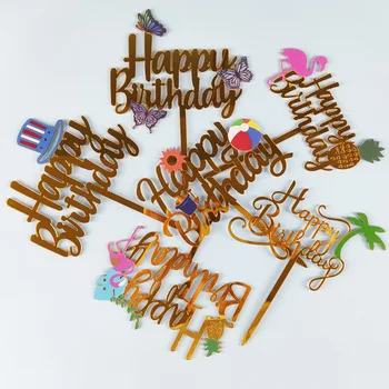 Новый мультяшный топпер для торта с Днем рождения, золотой фламинго, акриловый детский топпер для торта с бабочкой для украшения десерта на вечеринку в честь дня рождения ребенка