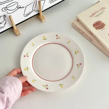 Тарелка с рисунком Корейского тюльпана 8-дюймовый Винтажный керамический Диск для завтрака Фруктовый Салат Поднос для хлеба Послеобеденный чай Закуски Десертное Блюдо