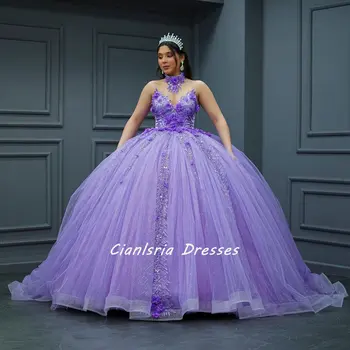 Сиреневое бальное платье с бисером и кристаллами, Пышные платья, аппликации из 3D цветов, Кружевной корсет, Vestidos De 15 Años