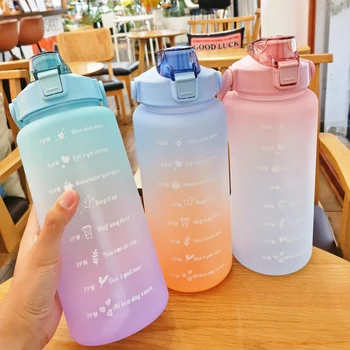 2-литровые кувшины для фитнеса большой емкости с мотивацией и маркером времени, пластиковые стаканчики градиентного цвета, уличная бутылка для воды с матовым покрытием