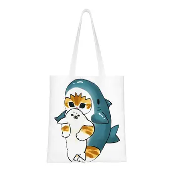 Мультяшные животные Кошка акула, сумки для покупок, женские сумки-шопперы из парусины Kawaii, сумки через плечо, сумки большой емкости
