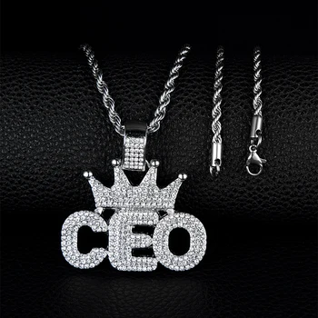 Мужская модная подвеска Ice Out Crown CEO в паре с цепочкой Wheat из нержавеющей стали