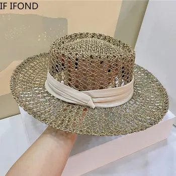 Новые женские соломенные шляпы из натуральной травы, летние пляжные шляпы от солнца с плоскими полями, модная полая праздничная кепка Chapeau Femme