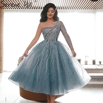 Дубайское серое Роскошное вечернее платье длиной до щиколоток 2023, расшитое бисером и кристаллами на одно плечо, вечернее платье Serene Hill BLA70563