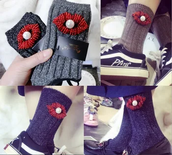 gtglad, новинка, модные блестящие носки в корейском стиле, женские зимние весенние носки ручной работы с жемчужинами для губ, ярких цветов