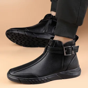 Новая мужская зимняя обувь, теплые удобные нескользящие мужские зимние ботинки, плюшевые теплые мужские ботинки, водонепроницаемые кожаные кроссовки