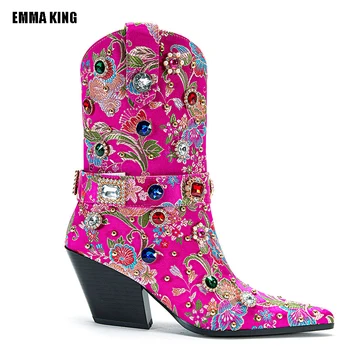 Модные женские роскошные ботинки 2023 года, Ковбойские Розовые сапоги-пастушки с вышивкой, с острым носком, на толстом каблуке до середины икры, сапоги в западном стиле до середины икры 44