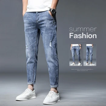 Летние мужские джинсы из эластичного хлопка с отверстиями длиной до щиколотки; Тонкий дизайн уличной одежды; Мужские модели Tide; Свободные брюки-стрейч с прямыми отверстиями