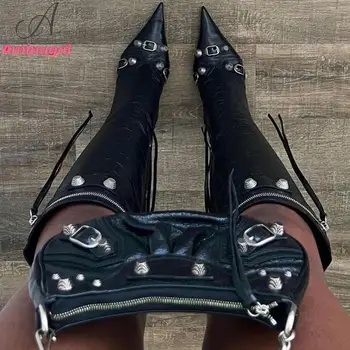 Фирменный дизайн 2023, Пикантные женские сапоги до колена, вечерние туфли на очень высоком каблуке с заклепками, модная женская обувь на тонком каблуке с острым носком, сапоги