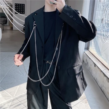 весна 2021, корейский стиль, уникальный дизайн со съемной цепочкой, мужской повседневный свободный черный костюм для мужчин M-XXL
