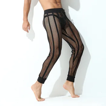 Мужские брюки, дышащие леггинсы, ночное белье с завязками, широкий пояс, выдолбленные пижамы, Сетчатые сексуальные спортивные брюки в полоску, Новая мода